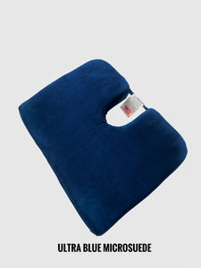 Tush-Cush®Ultra Blue microsuede removable cover, wedge shape, tailbone cut-out relieves pain
