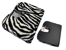 Tush-Cush® Black and white Zebra print with black faux leather, wedge shape, tailbone cut-out