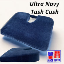 Tush-Cush® Ultra Navy microsuede removable cover, wedge shape, tailbone cut-out relieves pain