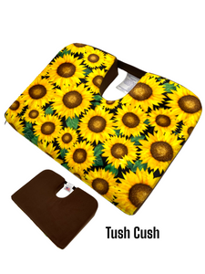 Tush-Cush® and Car-Cush Sunflower Ultra Soft fabric top, brown back, wedge shape, tailbone cut-out 